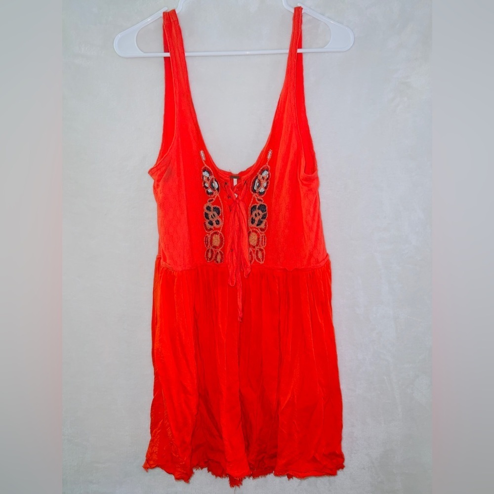 Free People Red orange Floral Print Beaded Boho Raw Hem Tunic Tank Top